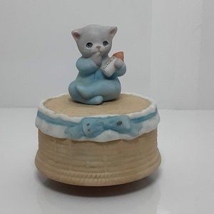 Schmid Kitty Cucumber Figurine Music Box Baby Boy Kitten Plays Hush Little Baby